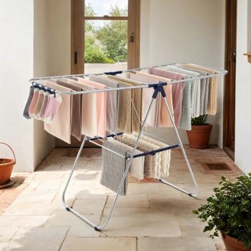 Free-Standing Metal Clothes Drying Rack with Sock Clips Foldable Laundry Drying Rack Space-Saving Design Clothes Dryer Silver