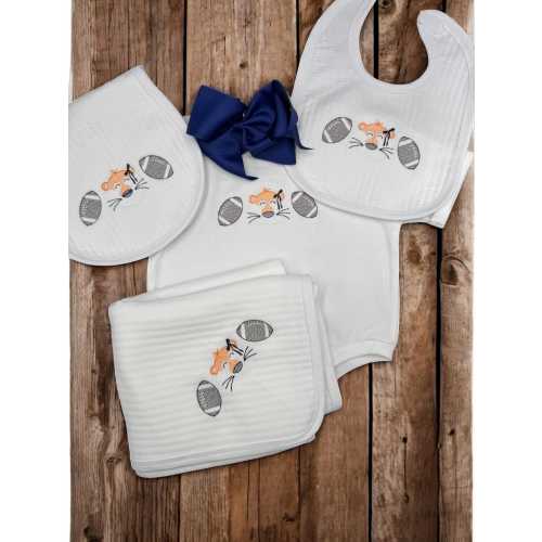 Orange and Blue Baby Outfit Gift Set: Embroidered Tiger Football Romper, Bib, Blanket