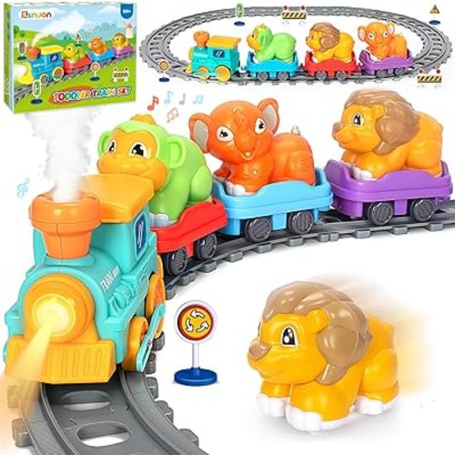 Electric Train Set for Toddlers, Realistic Steam Train Toys for Kids with Tracks, Animal Toys for Toddlers 1-3 with Music & Lights, Christmas Birthday Gifts for 1 2 3 4 5 Year Old Boys Girls