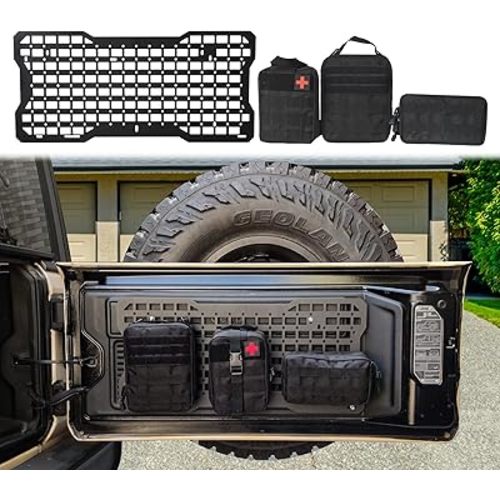 Tailgate Molle Panel Rear Door Cargo Organizer Kit Interior Storage Metal Plate with 3 Storage Bags for 2007-2022 Jeep Wrangler JK/JL 4XE