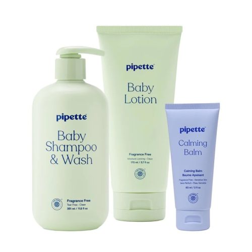 Pipette Fragrance Free Baby Essentials Set, Pack of 3, Includes Calming Balm, Lotion and Shampoo + Wash, Gentle Newborn Skincare for Sensitive Skin
