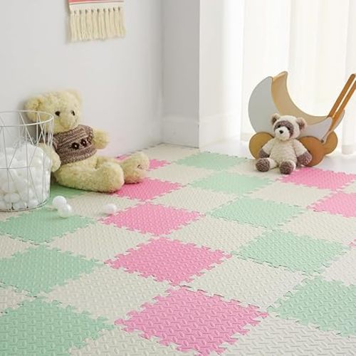 Foam Play Mat for Baby, Foam Puzzle Floor Mats for Toddlers, 16 Tiles(White/Pink/Bean Green) | Baby Play Mat, Non-Toxic, for Baby, for Toddlers, Interlocking Floor Mats, Puzzle Floor Mats, Solid Colors, 16 Tiles, Squares
