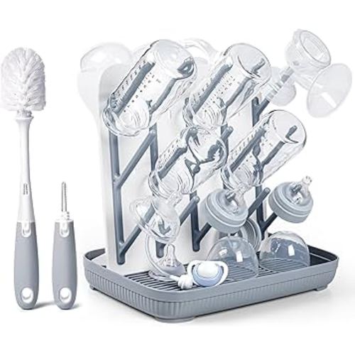 Termichy Baby Bottle Drying Rack: Vertical Bottle Dryer Rack Holder with Brushes Set- Drying Rack & Nipple Scrubber-Space Saving Standing Drying Rack for Baby Bottles and Pump Part Cleaning