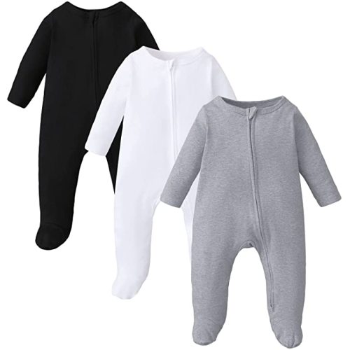 OPAWO Newborn Footie Pajamas with Mitten Cuffs Double Zipper Sleepers Baby Boy Girl Onesie Footed One-Piece Romper 0-6 Months - 0-3 Months - Zipper Black/White/Gray