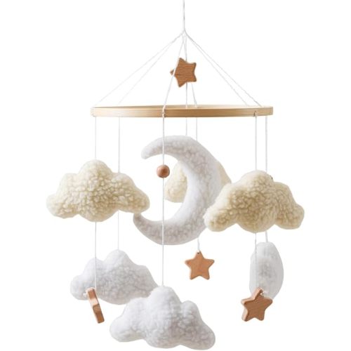 Sherpa Moon Baby Crib Mobile, Handmade Boho Nursery Decor