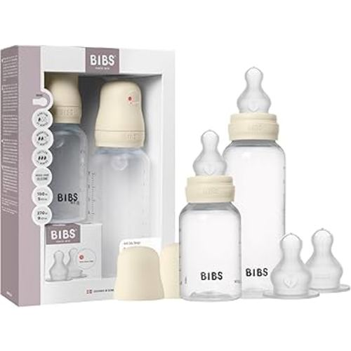 BIBS Baby Bottle Grow & Flow Starter Kit Silicone - Anti-Colic, BPA-Free, Round Nipple, Slow/Medium/Fast Flow, Lightweight & Easy to Clean, Suitable for Newborns 0+ Years - Ivory