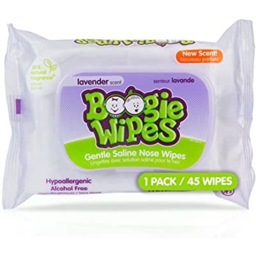 Saline Nose Wipes by Boogie, for Baby & Kids, Face, Hand & Body, FSA/HSA Eligible, Made with Vitamin E, Aloe, and Natural Saline, Lavender Scent, 45 Count (Pack of 1)