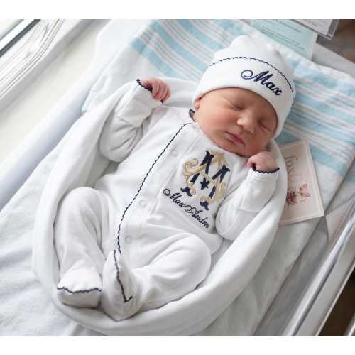 baby boy coming home outfit sets Navy and white footie, sleeper, 100 Pima Peruvian Cotton, announcement, baby sign plaque