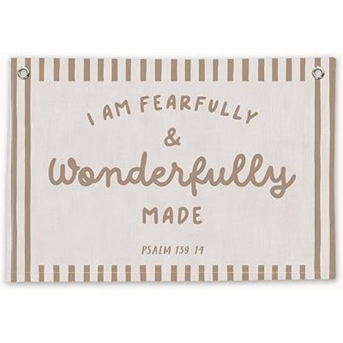 RTXLEZM Christian Nursery Decor, I Am Fearfully and Wonderfully Made Christian Canvas Banner Wall Hanging, Retro Religious Wall Art Prints for Kids Room Bedroom Playroom Classroom Decor, 20x30 Inch