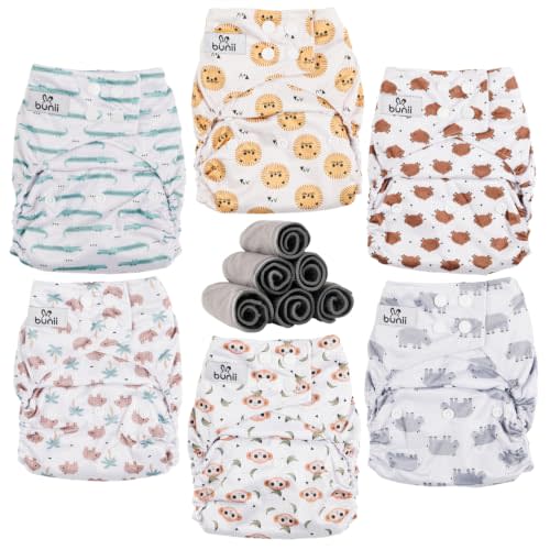 Bunii Cloth Diaper 6-Pack - Reusable Adjustable Pocket Diaper (Safari)