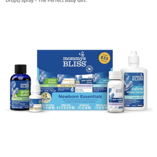 Mommy's Bliss 4-Piece Newborn and Baby Essentials Kit - With Gripe Water, Gas Relief Drops, Vitamin D 400IU, and Saline Drops/Spray - The Perfect Baby Gift.