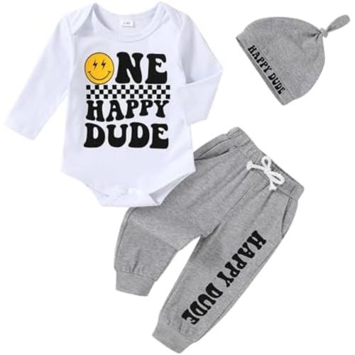 Baby Boy Clothes First Birthday Outfit Boy One Happy Dude Romper Pants Hat 3PC Set Newborn Infant Fall Outfits