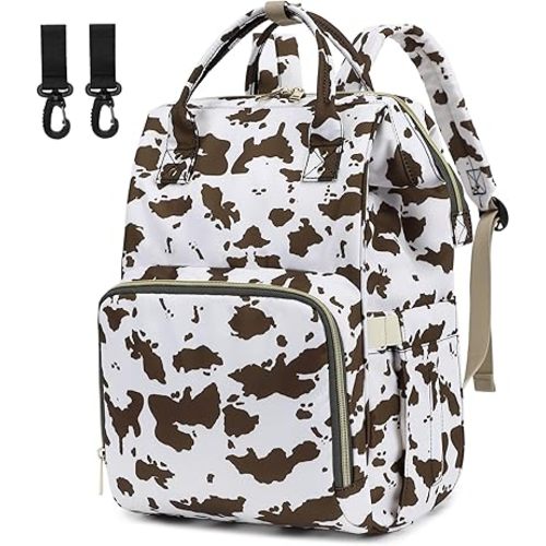 Cow Print Diaper Bag Backpack for Baby Girls, Mom Waterproof Large Nappy Bags for Women (Brown)