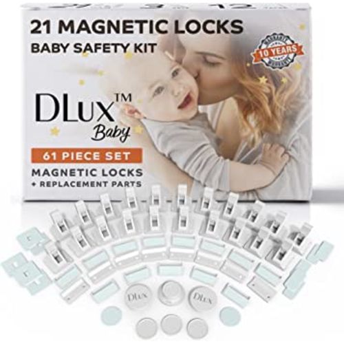 DLux 21 Magnetic Cabinet Locks 3 Keys, Child Safety 61-Piece Kit, Magnet Locks with New Upgraded Adhesive, Easy Installation, No-Drill Baby Proofing Locks to Childproof Cabinets & Drawers