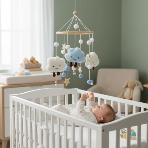 Plush Cloud Star Crib Mobile: Wooden Nursery Decor, Soothing Baby Bed Bell