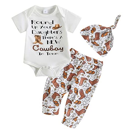 SAYOO Western Newborn Baby Boys Cowboy Outfit Cow Print Letter Bodysuit Long Leggings Cap 3pcs Infant Boy Country Clothes