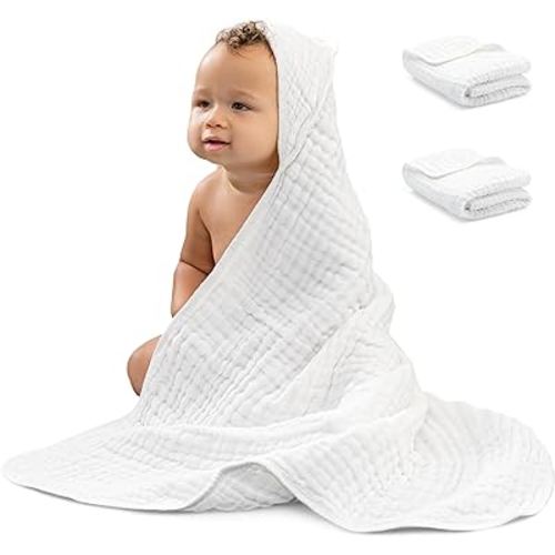 Comfy Cubs Baby Hooded 9 Layer Muslin Cotton Towel for Kids, Large 32” x 32”, Ultra Soft, Warm, and Absorbent. Baby Essentials Bath Towels, Cute Unisex Cover for Girls and Boys (2 Pack, White)