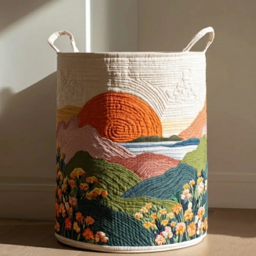 Daybreak Dreams Quilted Laundry Basket, Foldable Fabric Hamper, Soft Pastel Storage Bin, Cozy Home Decor