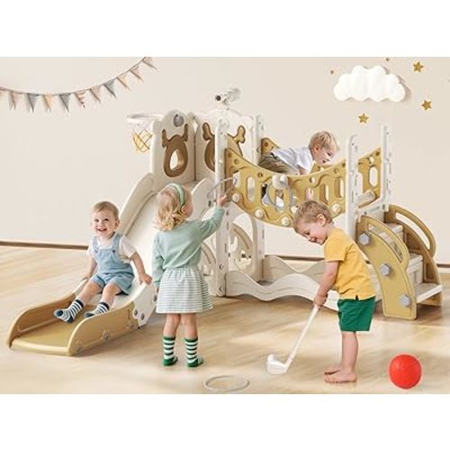 Toddler Slide, 10 in 1 Toddlers Playset New Upgrade with Kids Slide, Drawing Board, Golf Set, Basketball Hoop and Storage Space for Toddler Age 1-3, Backyard Playground Indoor and Outdoor (Coffee)