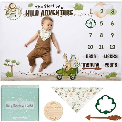 Bliss n' Baby Monthly Milestone Blanket for Baby Boys & Girls - 60"x40" - Wrinkle Free Newborn Blanket with Baby Announcement Sign, Bib & Frames - Washable & Dryable - Safari Theme Nursery Gift Set