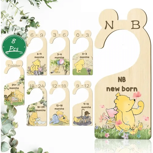 Winnie Wooden Baby Closet Dividers 8 Pcs Double-Sided, Baby Size Closet Dividers, Winnie Baby Stuff Winnie Nursery Decor Baby Closet Organizer from Newborn to 24 Months Nursery Decor