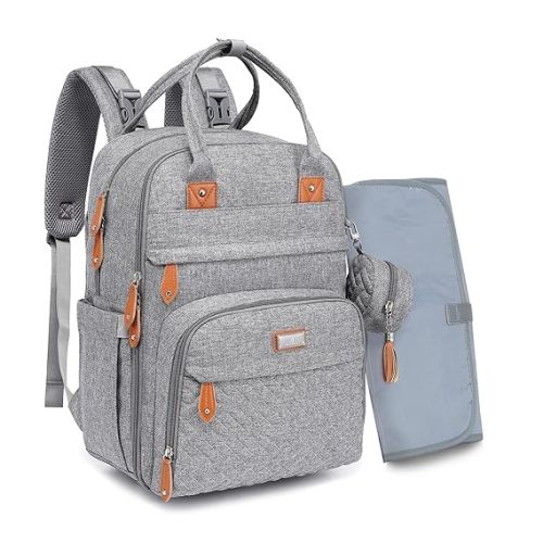 BabbleRoo Diaper Bag Backpack - Baby Essentials Travel Tote - Multi Function Water Resistant Diaper Bag, Travel Essentials Baby Bag with Changing Pad, Stroller Straps & Pacifier Case - Light Gray