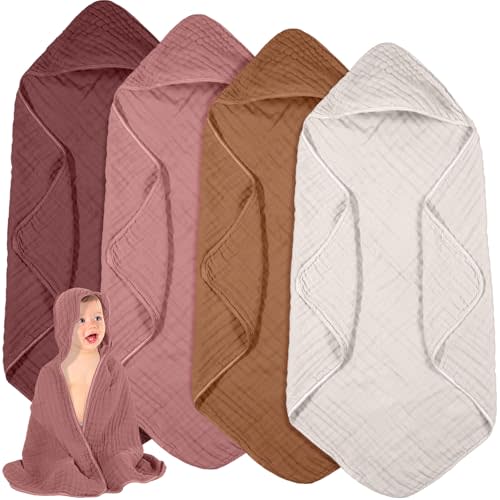 Peryiter 4 Pcs Muslin Hooded Baby Towels 32 x 32 Inch Cotton Newborn Bath Essentials Muslin Infant Blankets Absorbent Registry Gifts for Girl Boy Kids Baby Shower (Dark Color)