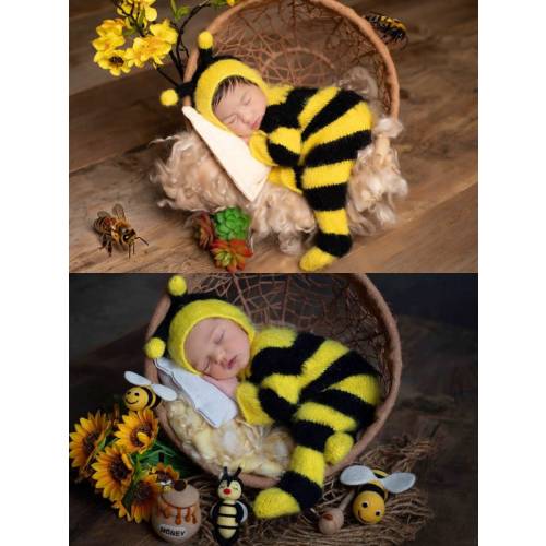 Newborn knitted bee coverall and bee hat set. Knitted bee suit set of all sizes Baby photography props Halloween outfit