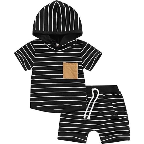 Toddler Baby Boy Summer Outfit Short Sleeve Hooded Stripes Top Casual Shorts Set Infant Newborn Clothes 6 12 18 24 Month
