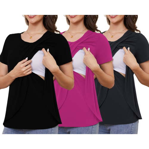 Beaisland Maternity Shirts Short Sleeve Nursing Tops, 3-Pack