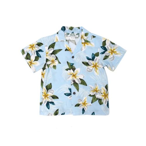 Two Palms Plumeria Light Blue Rayon Boys Hawaiian Shirt