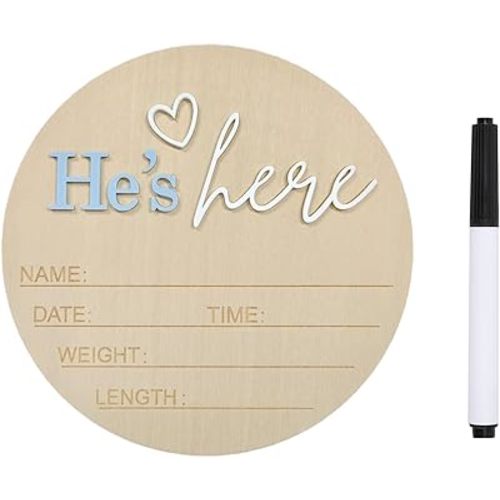 Baby Announcement Sign, ​5.9 Inch Wooden Hello World Newborn Signs, Birth Announcement Sign, Gender Reveal Signs, He's here Decoration, Welcome Newborn Arrival To World (He's,Blue-D)
