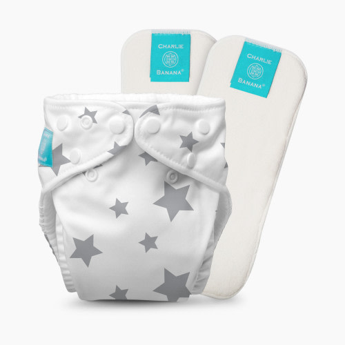 Charlie Banana One-size Reusable Cloth Diaper with 2 Reusable Inserts - White/Grey Stars