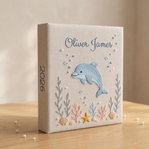 Personalized Dolphin Hand Embroidered Photo Album, Baby Memory Book keepsake With Year, Baby Name Album, First Birthday Gift