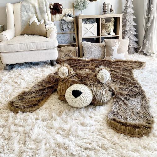 Extra Large Brown Grizzly Bear Rug in Faux Fur for Nursery