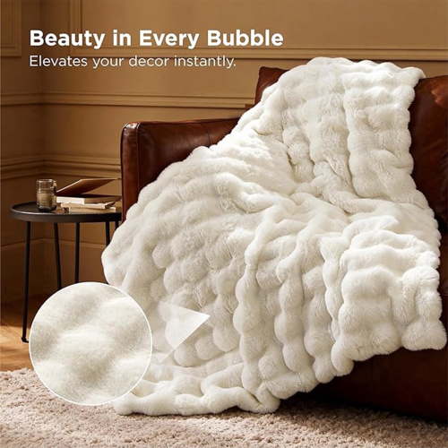 ROSEKIND ultra-soft 680GSM Faux Fur Ribbed Throw Blanket for Sofa & Bed, Cozy Gift for Adults & Friends, 90x90in, Ivory Cream