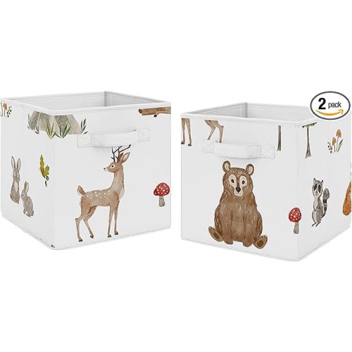 Sweet Jojo Designs Woodland Forest Animals Boy Girl Gender Neutral Unisex Collapsible Fabric Storage Cubes Foldable Bins Organizer Boxes Kids Baby Childrens Toys 2 Set - Animal Friends Bear Watercolor