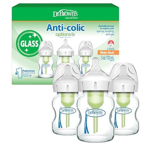 Dr. Brown's Anti-Colic Options+ Wide-Neck Glass Baby Bottle, 5 oz, 3-Pack