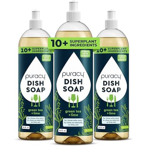 Puracy Natural Dish Soap Packs- Skin-Softening Plant-Based Dishwashing Soap, Non-Toxic Dish Soap, Organic Liquid Dishwashing Detergent Soap (Green Tea & Lime, 16 fl oz, 3 Pack)