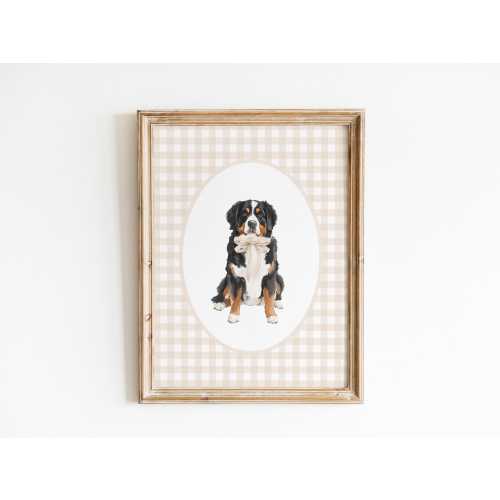 Bernese Mountain Dog Nursery Decor, Watercolor Dog Boy Nursery Print, Baby Girl Nursery, Neutral Gingham Wall Prints, Tan Beige Bow Dog Art