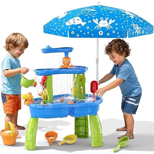 3-Tier Water Table for Toddlers, Sand Water Table with Adjustable Umbrella, Sand Toys