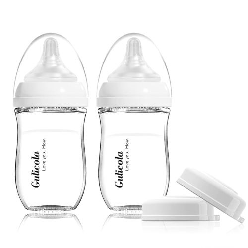 Natural Glass Baby Bottle for Breastfeeding Babies, Newborn Anti-Colic Bottle Set with Slow Flow Nipple, 0-3 Months, 5 oz, 2 Pack - White