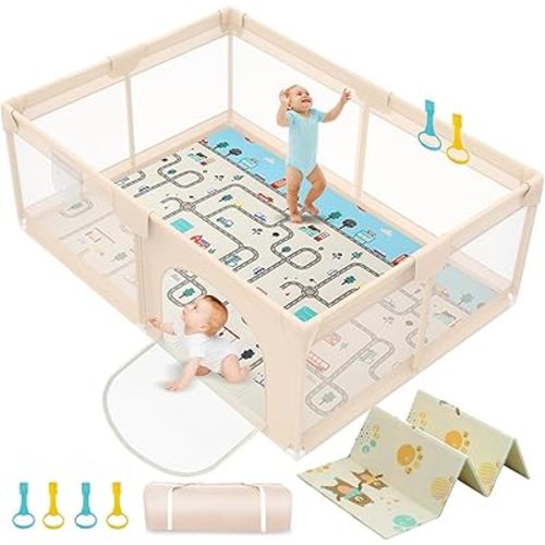Baby Playpen with Mat 79x71inch - Extra Large Play Pen for Babies and Toddlers Indoor & Outdoor Baby Playard with Soft Breathable Mesh Cover - Sturdy Foam Infant Gate Playpen(Apricot)