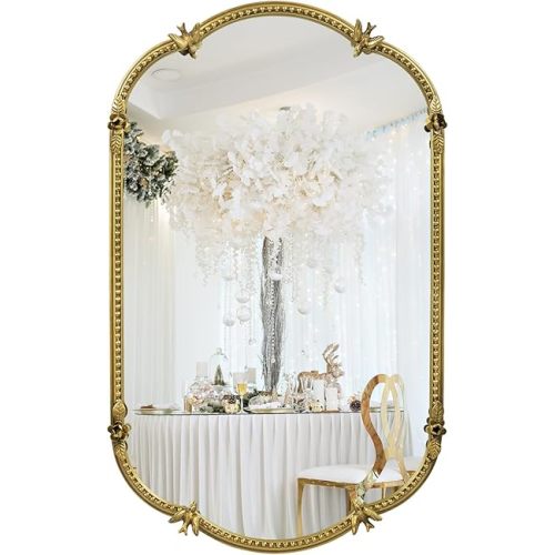 Gold Oval Wall Mirror, 19"x32" Metal Beaded Frame Decorative Mirror, Cute Flower Bird Pattern Vintage Scalloped Hanging Vanity Mirror for Bathroom, Living Room, Bedroom, Entryway