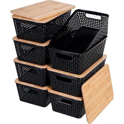 Storage Bins with Lids 8 Packs, Plastic Storage Bins with Bamboo Lids for Pantry Organization and Storage Containers for Shelves Drawers Desktop Closet Playroom Classroom Office Home, Black