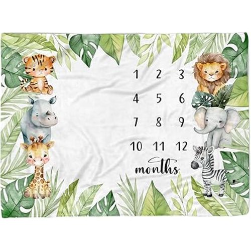 Baby Monthly Milestone Blanket for Girls, 40"x50" Safari Newborn Photo Props, 12 Month Growth Chart (Safari MDDK01)