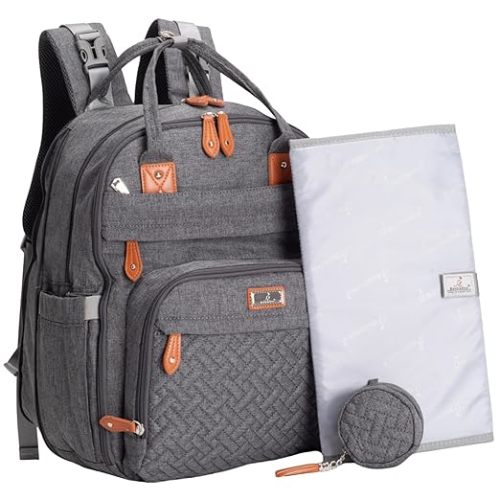 BabbleRoo Diaper Bag Backpack - Baby Essentials Travel Tote - Multi Function Water Resistant Diaper Bag, Travel Essentials Baby Bag with Changing Pad, Stroller Straps & Pacifier Case - Dark Gray