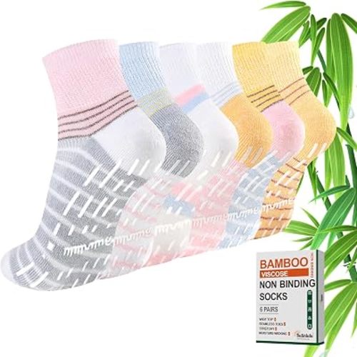 Bulinlulu Bamboo Viscose Diabetic Socks with Grips for Men Women -6 Pairs Non Binding Ankle Slipper Socks Size 9-11