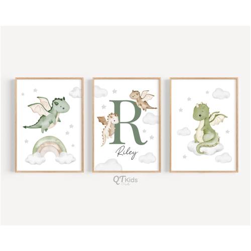 Personalized Dragon Nursery Prints, Boy Name Room Wall Art, Fairytale Playroom Decor, Baby Kids Room Baby Dragon Posters,  DIGITAL DOWNLOAD