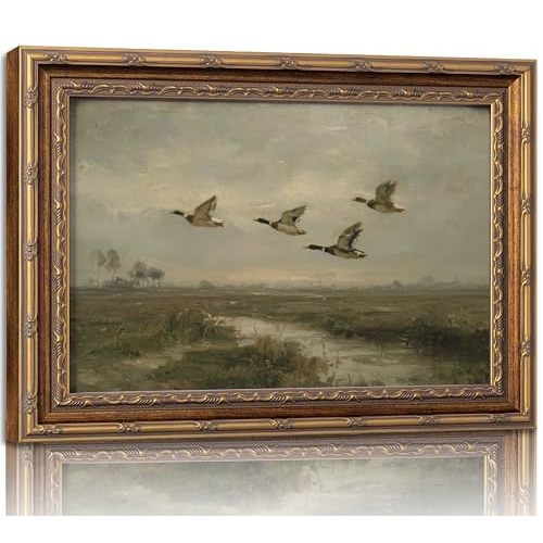 Vintage Gold Framed Flying Duck Wall Art Mallard Duck Canvas Wall Decor Rustic Mallard Poster Artwork Retro Rustic Farmhouse Animal Picture for Home Living Bedroom Farmhouse Hallway 12x16in